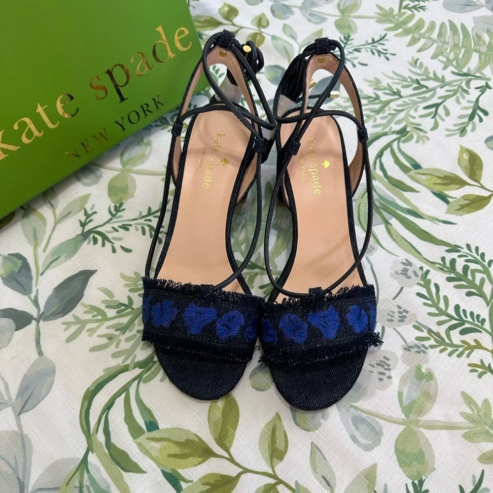 New Kate Spade Embroidered Denim Ankle Tie Block Heels Sandals Women’s Size 6